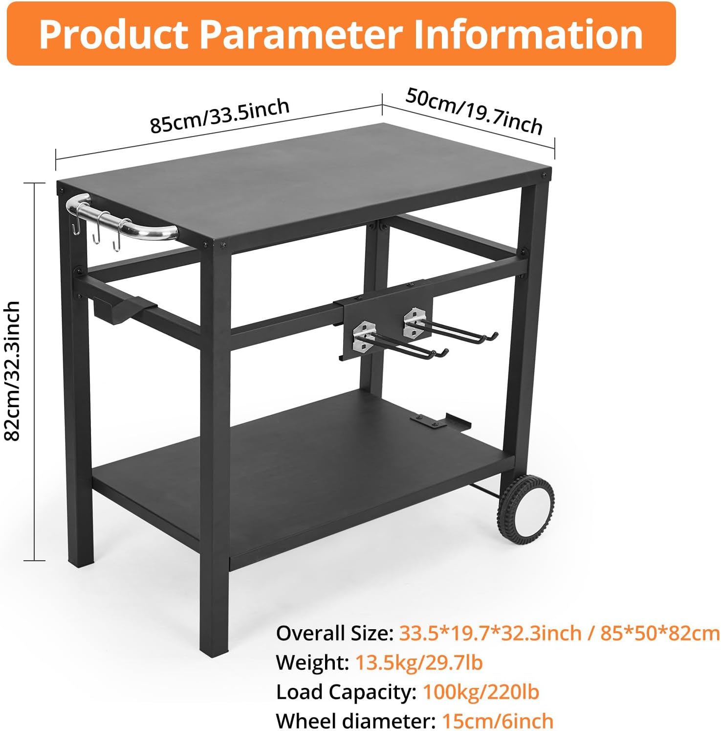 Garvee Grill Cart, Pizza Oven Stand, BBQ Prep Table with Wheels & Hooks, Side Handle, Double-Shelf Grilling Cart Tabletop Griddle Cooking Station for Bar, Patio, Camping, Home (Black)
