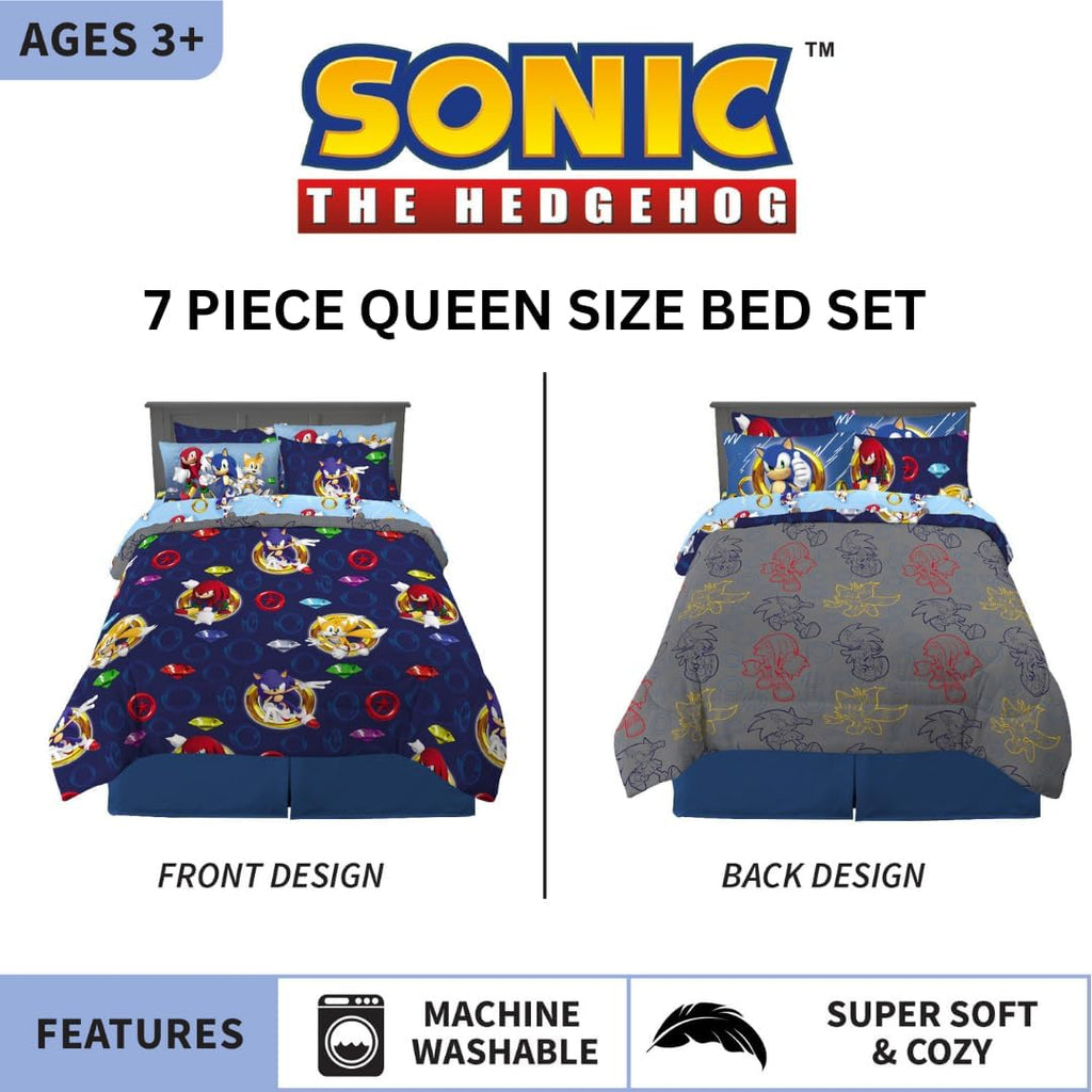 Franco Sonic The Hedgehog Anime Kids Bedding Super Soft Comforter and Sheet Set with Sham, 7 Piece Queen Size, (Official Licensed Product)