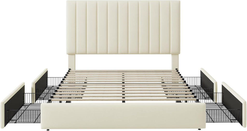 Allewie Queen Size Storage Bed Frame, Vertical Channel Tufted Adjustable Headboard, Velvet Upholstered Platform Bed with 4 Oversized Underbed Drawers, Wooden Slats Support, No Box Spring Needed, Cream
