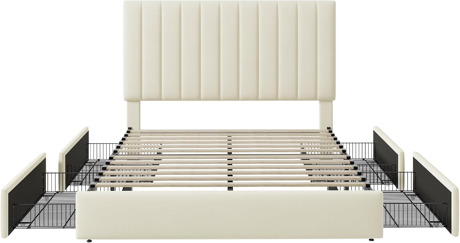 Allewie Queen Size Storage Bed Frame, Vertical Channel Tufted Adjustable Headboard, Velvet Upholstered Platform Bed with 4 Oversized Underbed Drawers, Wooden Slats Support, No Box Spring Needed, Cream