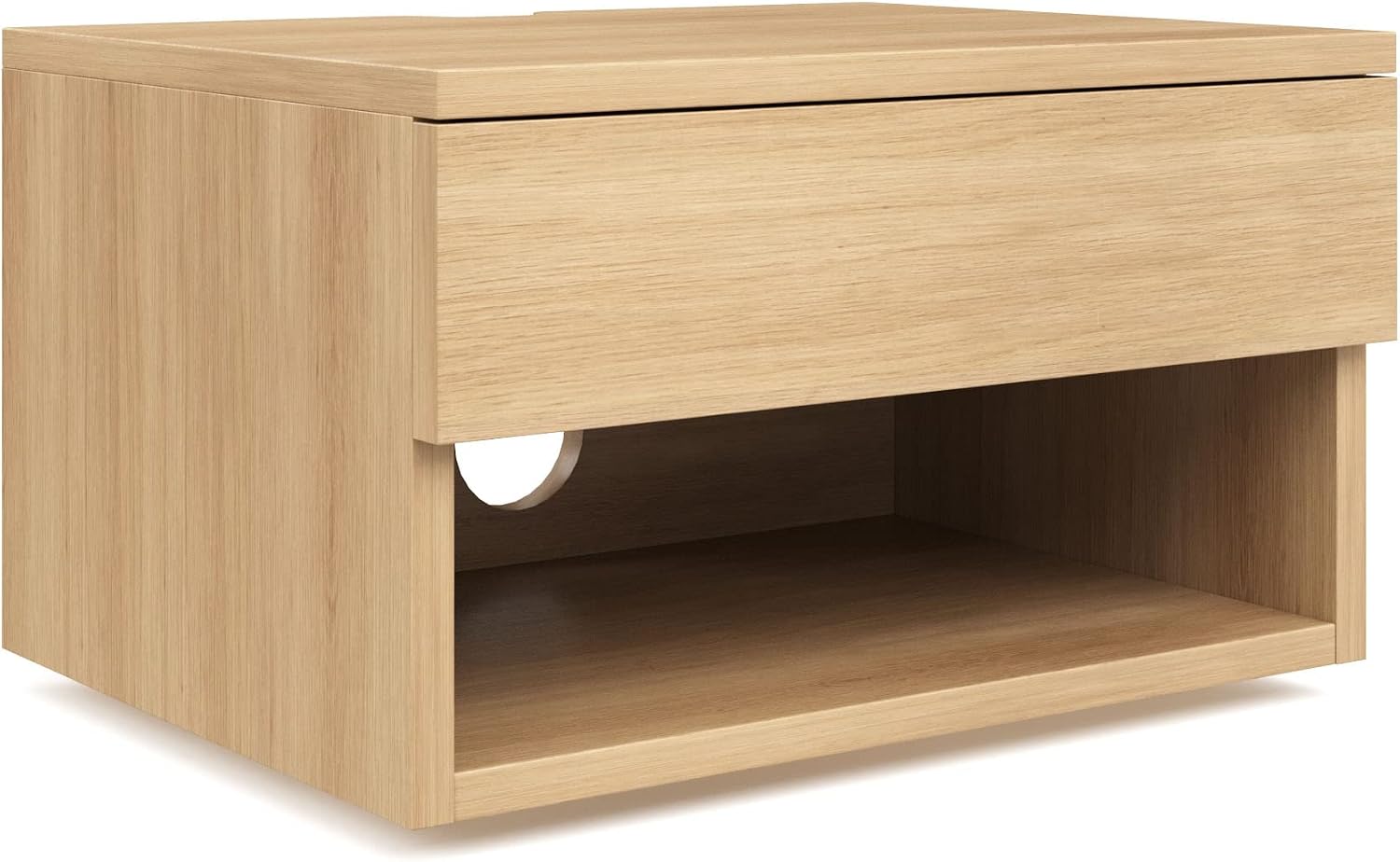 Nathan James Jackson Wall Mounted Floating Bedroom Nightstand with Storage Drawer and Modern Open Shelf Cubby Set of 2, Light Oak Wood
