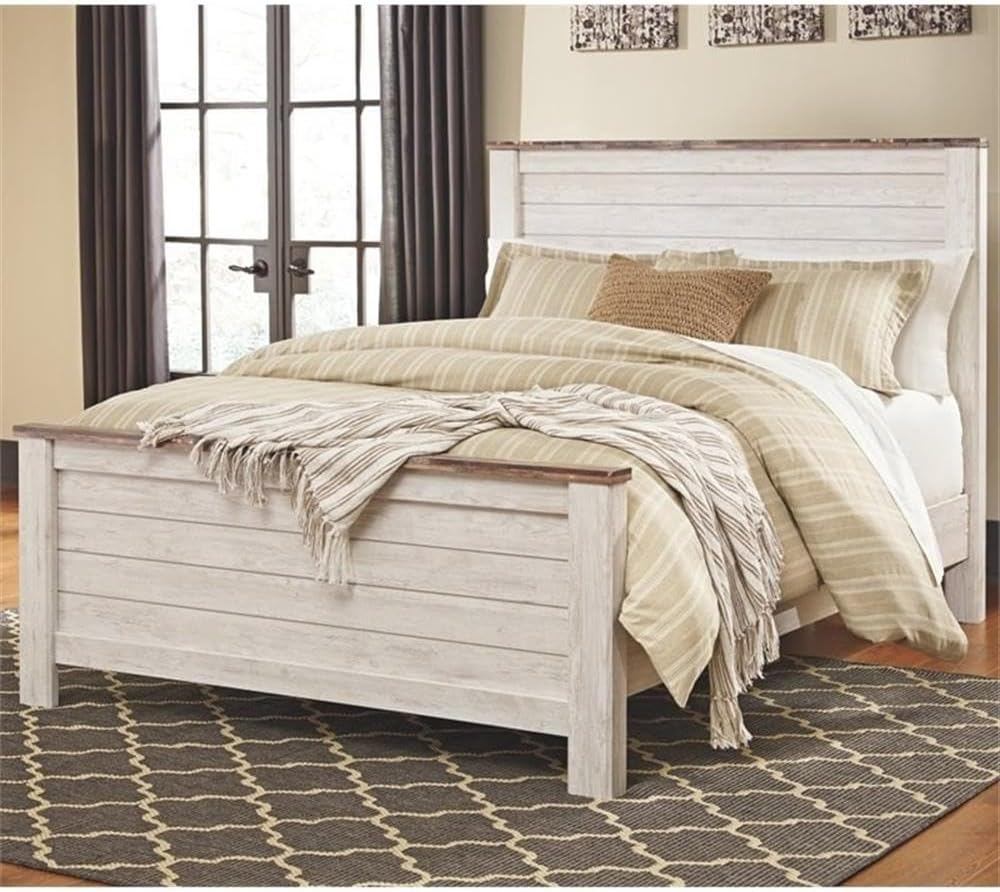 BOWERY HILL Queen Size Panel Bed with Headboard, Footboard in Wood, in White, No Box Spring Needed, Easy Assembly