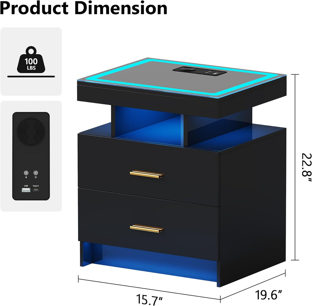 Smart LED Nightstand Set of 2 - with - Modern Night Stand with Wireless Charging Station, Glass Top Bedside Table with Drawers for Bedroom, Glossy End Table with Human Body Induction (Black)