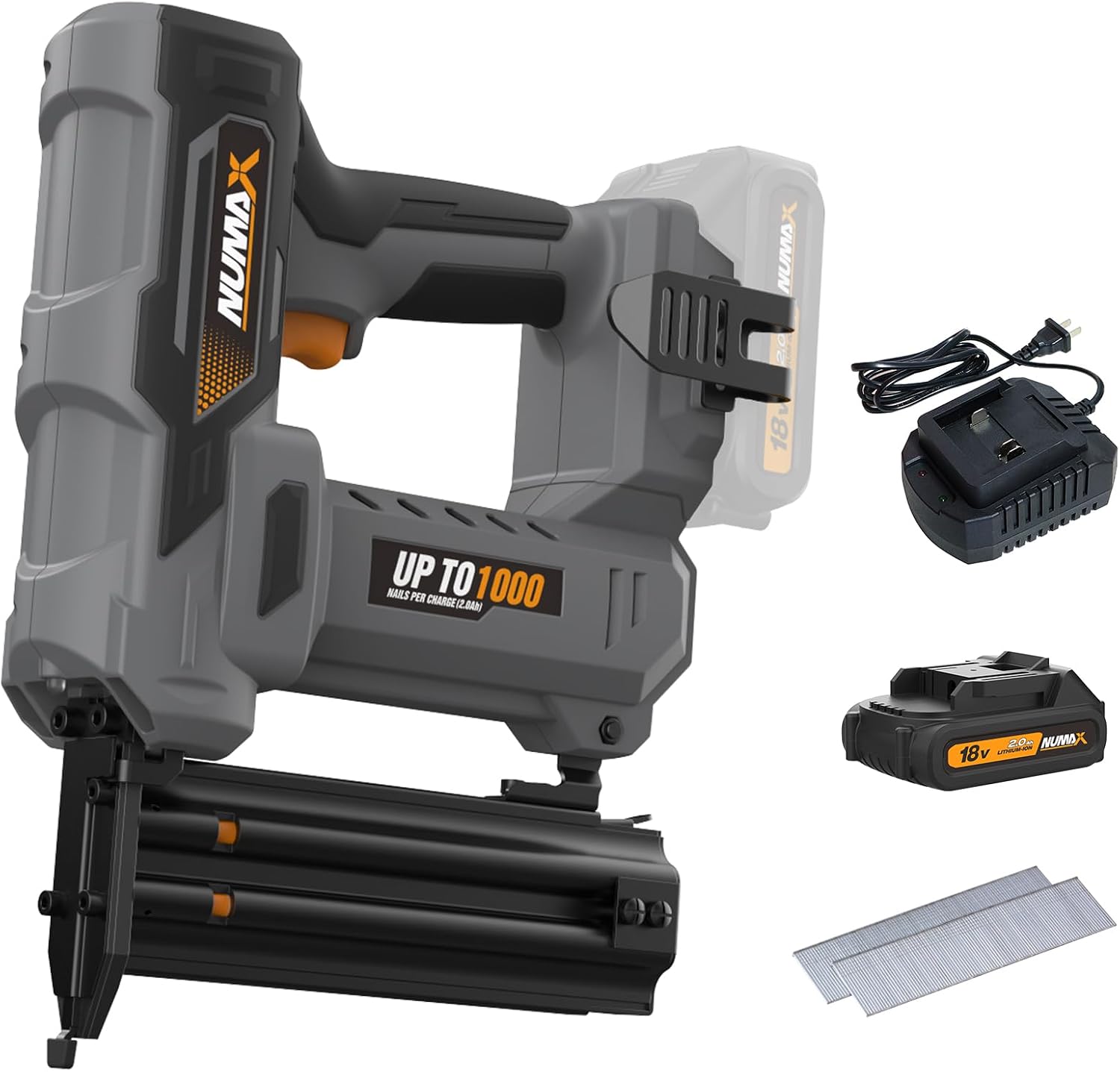 NuMax 18V Cordless Brad Nailer,18 Gauge Brad Nail Gun with Battery, Charger & 500 Nails | Drives 1000 Shots Per Charge | Compatible with 3/8'–2' Brad Nails | S18VBR50