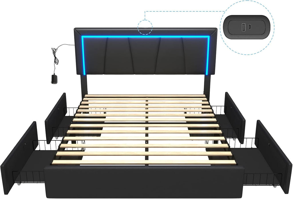 DICTAC Full Size Bed Frame with Headboard and 4 Storage Drawers, Modern Faux Leather Upholstered Platform Bed Frame Full with LED Lights and USB Ports, No Box Spring Needed, Black
