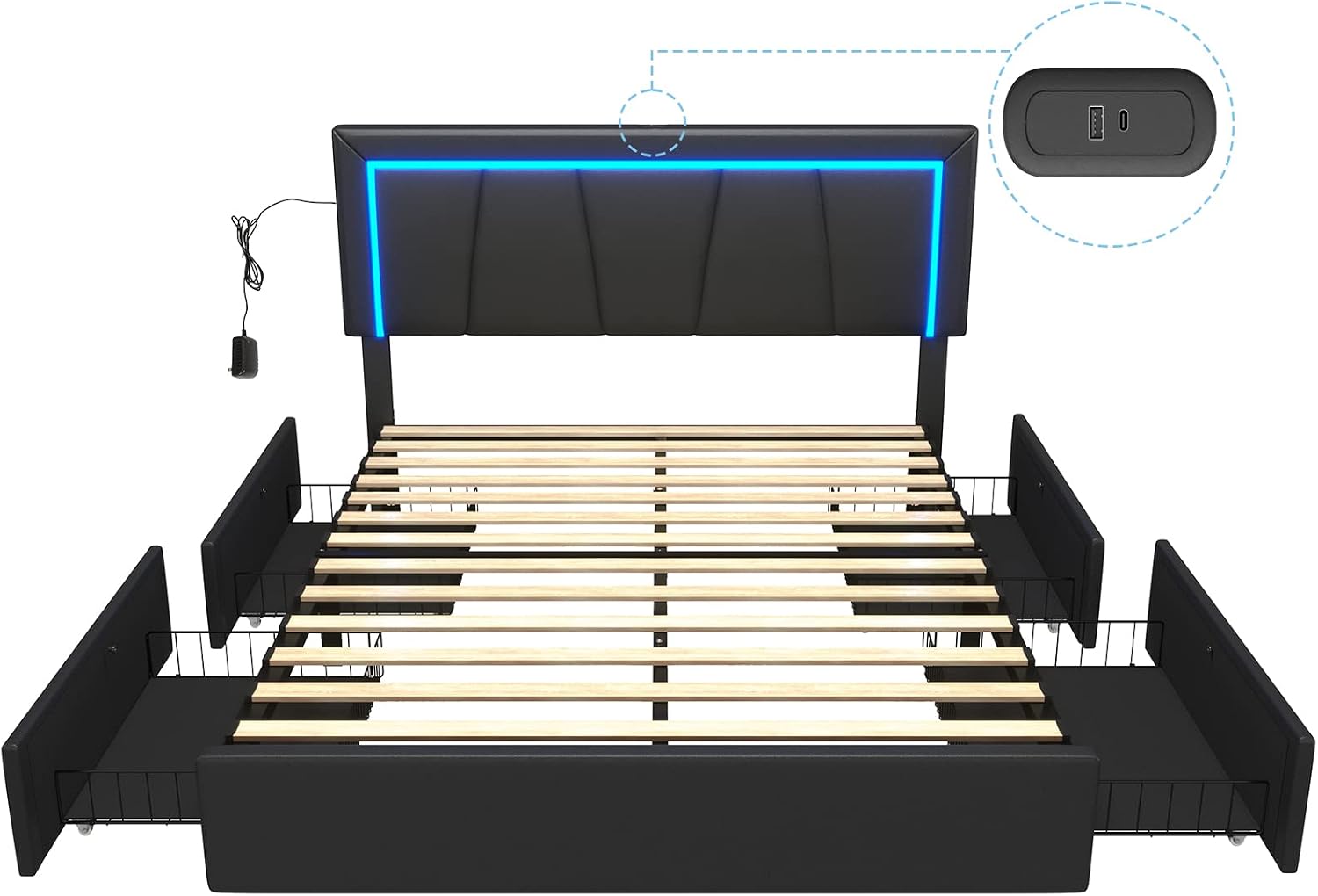 DICTAC Full Size Bed Frame with Headboard and 4 Storage Drawers, Modern Faux Leather Upholstered Platform Bed Frame Full with LED Lights and USB Ports, No Box Spring Needed, Black