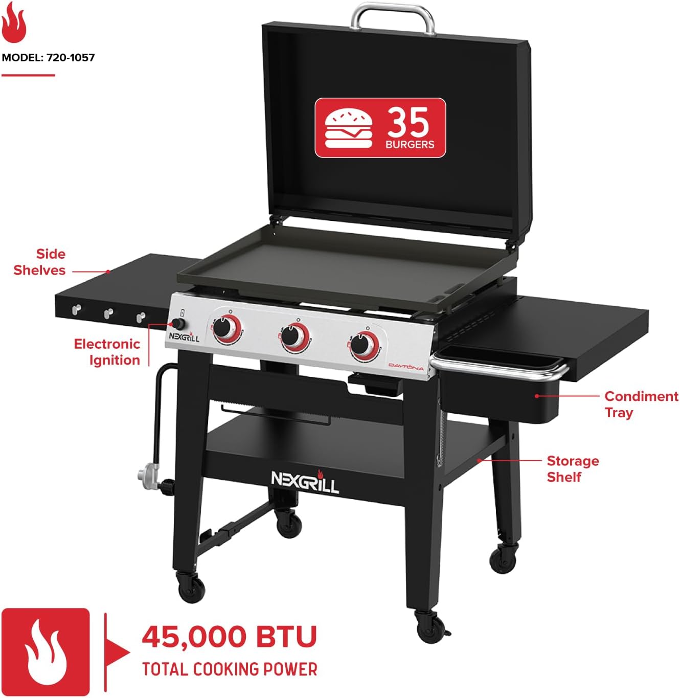 Nexgrill Daytona 3-Burner Propane Gas Griddle with Side Tables, 45000 BTUs Flat Top Grill, 630 SQ. in. Hot-Rolled Steel Cooking Space, Outdoor Cooking Barbeque - 720-1057