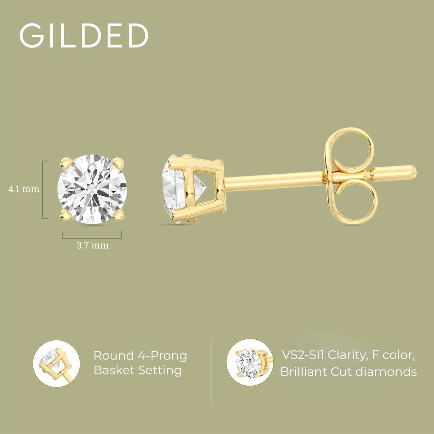 Gilded Lab-Grown Diamond Stud Earrings 10KT White Gold and 10KT Yellow Gold | Hypoallergenic Fine Gold Jewelry | 4-Prong Basket, Push Back Nut | VS2 SI1 Clarity, F Color, Round Cut | 1/5,1/4,1/3,3/8,1/2,3/4,1,2 ct tw