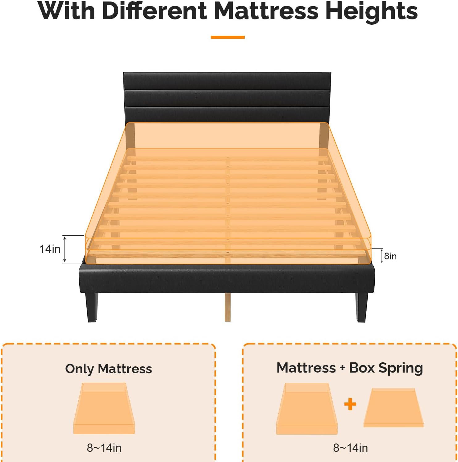 VINGLI Upholstered Bed Frame Queen, Faux Leather Platform Bed with Adjustable Headboard, Wood Mattress Foundation with Heavy Duty Slats Support,Luxury Modern,No Box Spring Needed, Black