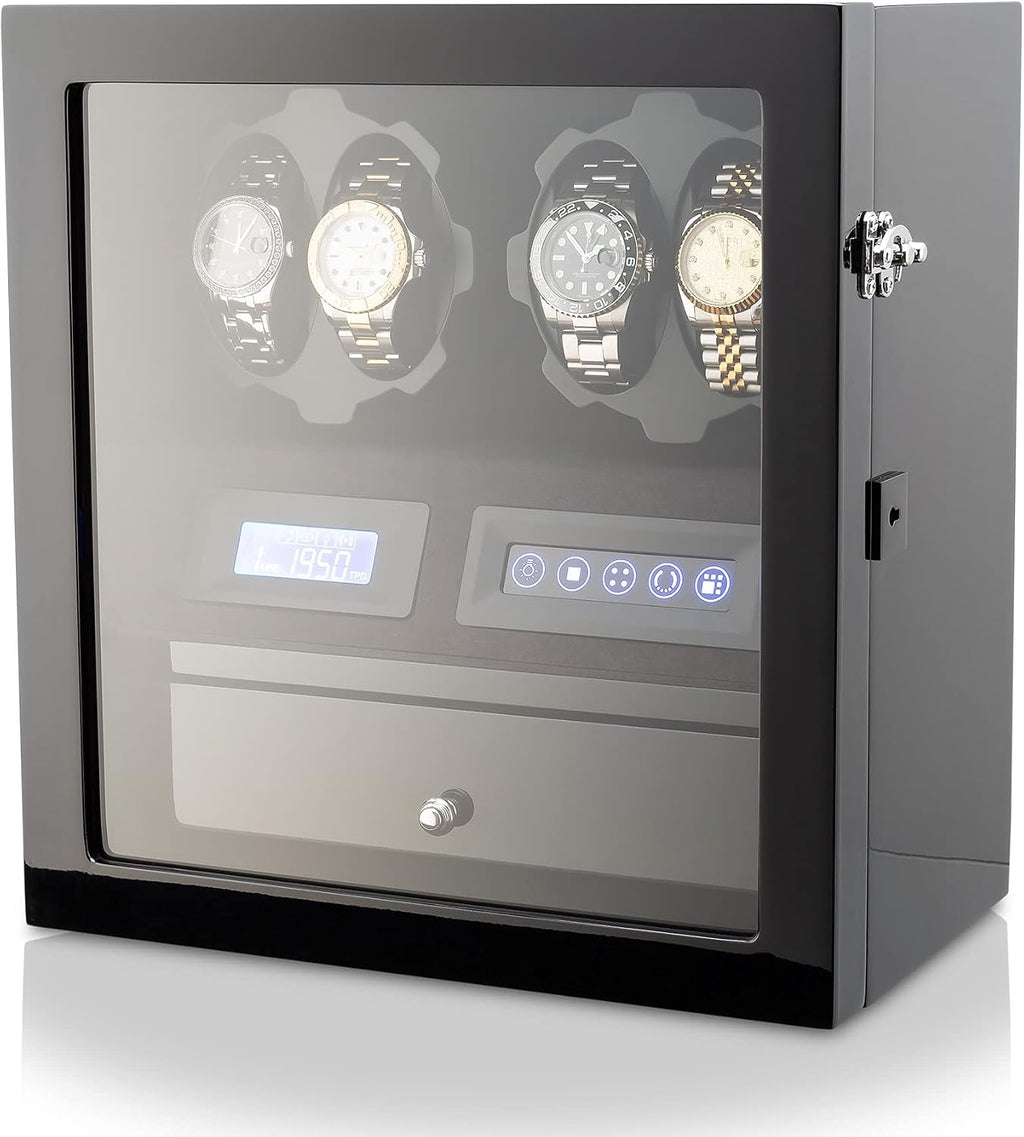 4 Watch Winder with 5 Watch Storage Space, LCD Display, Touch Control and Interior Light