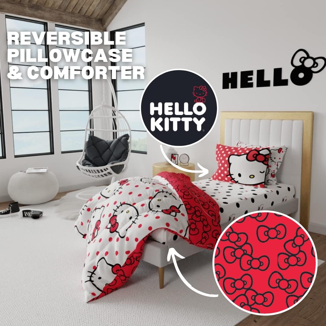 Hello Kitty Polka Dot Bedding 5 Piece Super Soft Comforter and Sheet Set with Sham, Twin, (Officially Licensed Product) by Franco Collectibles