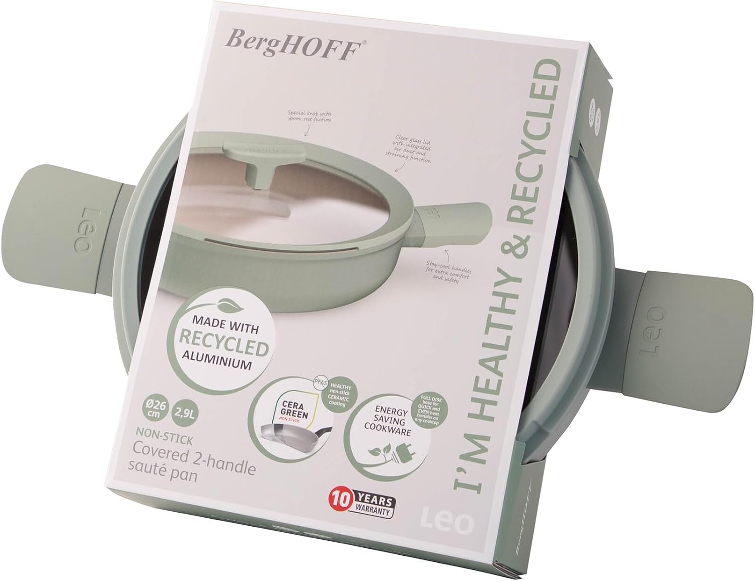 Berghoff Balance Non-stick Ceramic Sauté Pan 10.25', 3.1qt. with Multifunctional Glass Lid, Recycled Aluminum, CeraGreen Non-toxic Coating, Stay-cool Handle, Induction Pan, Sage