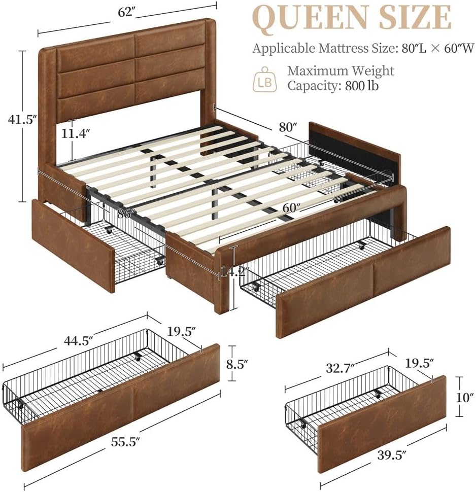 Yaheetech Queen Bed Frame with 2 USB Charging Stations/Port for Type A&Type C/3 Storage Drawers,Leather Upholstered Platform Bed with Headboard/Solid Wood Slat Support/No Box Spring Needed/Amber Brown