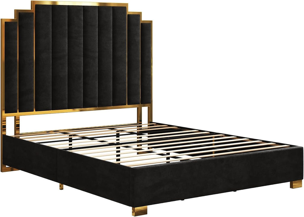 AMERLIFE California King Size Upholstered Bed, Modern Velvet Bed Frame with 65.4' Tall Gold Trim Headboard, No Box Spring Needed, Black