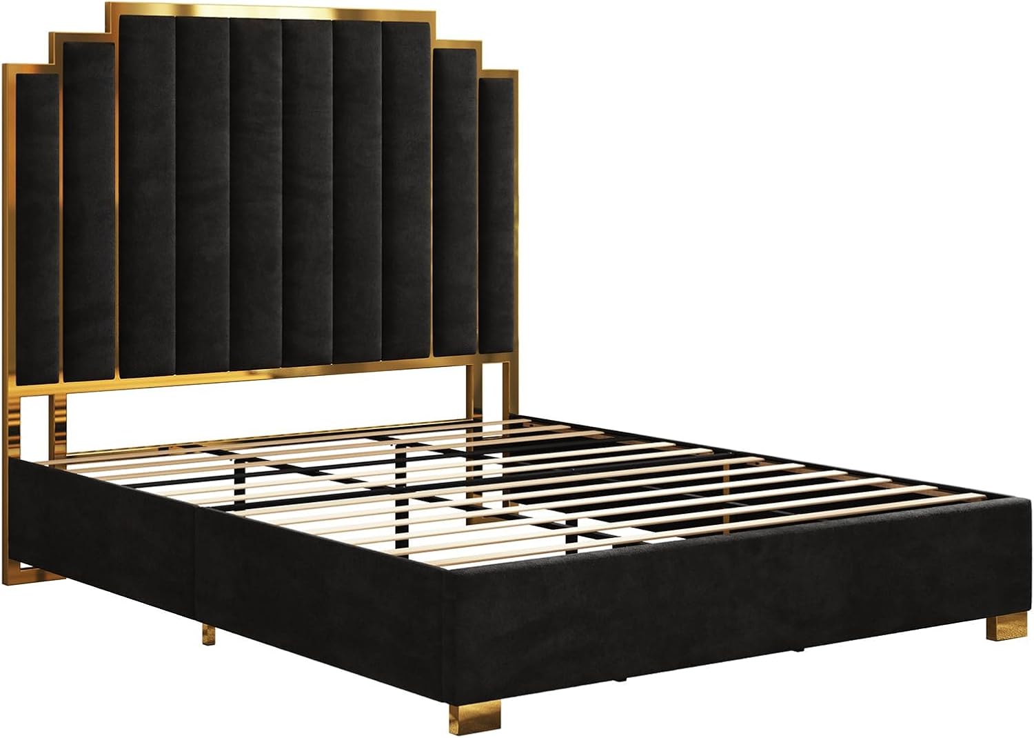 AMERLIFE California King Size Upholstered Bed, Modern Velvet Bed Frame with 65.4' Tall Gold Trim Headboard, No Box Spring Needed, Black