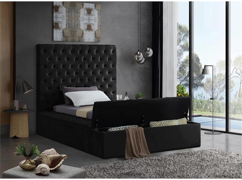 Meridian Furniture Bliss Collection Modern | Contemporary Velvet Upholstered Bed with Deep Button Tufting and Storage Compartments in Rails and Footboard, Black, Twin