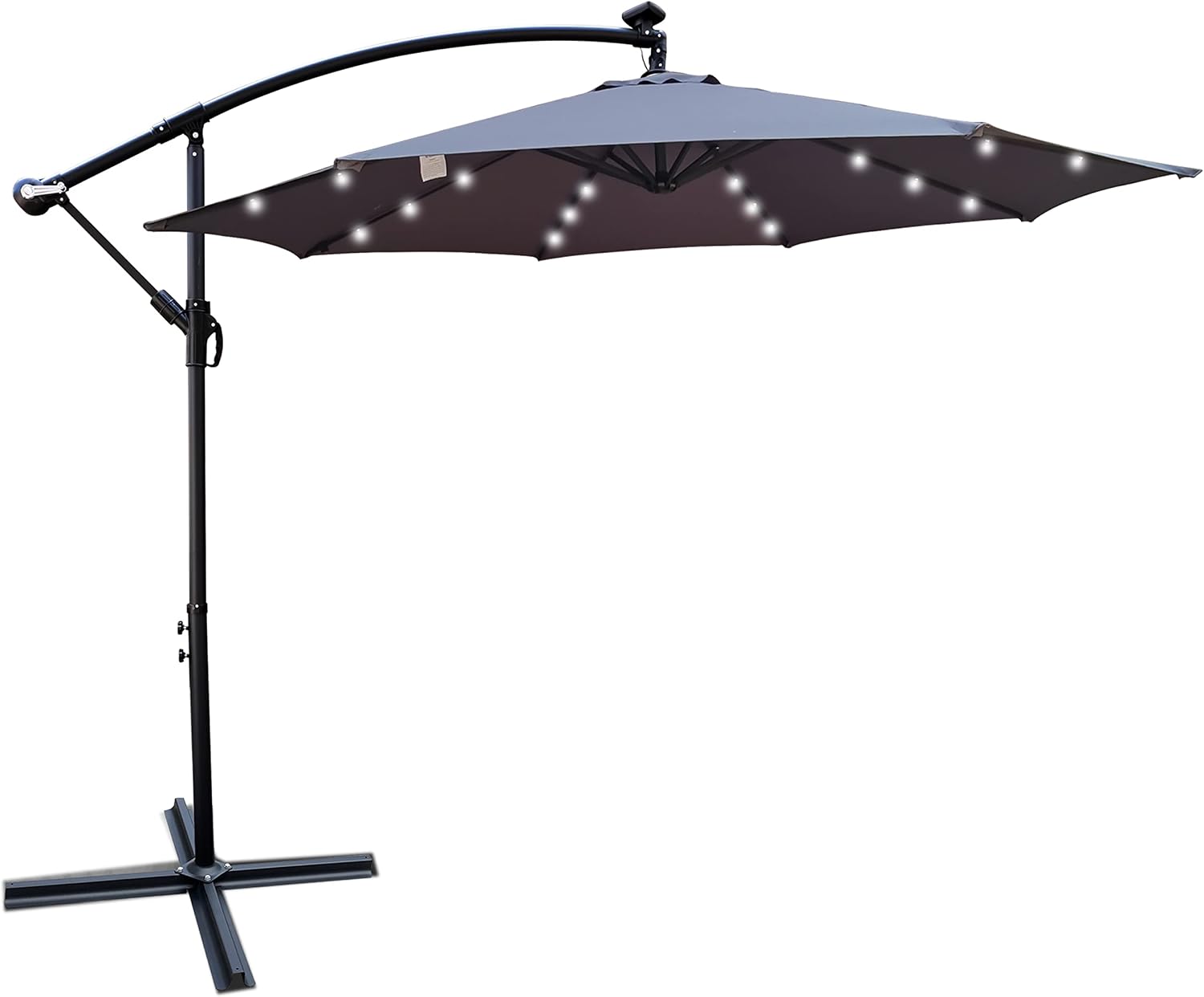 10FT Solar Powered Patio Umbrella, Market Table Umbrella with 24 LED Lights & 8 Sturdy Ribs, Cantilever Patio Umbrella with base, Offset Umbrella for Garden Lawn Deck Backyard Pool