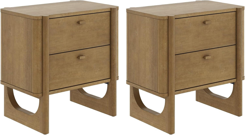Nathan James Solace Mid Century Modern 2 Drawer Nightstand with Solid Wood Frame and Rounded Details, Light Brown Set of 2