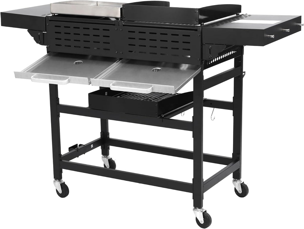 2+2-Burner Propane Gas BBQ Grill, 38200BTU Powerful Outdoor Grill with Stainless Steel Plancha & Side Tables, Portable Foldable Design for Backyard, Camping, Tailgating and Patio Barbecue (56 IN)