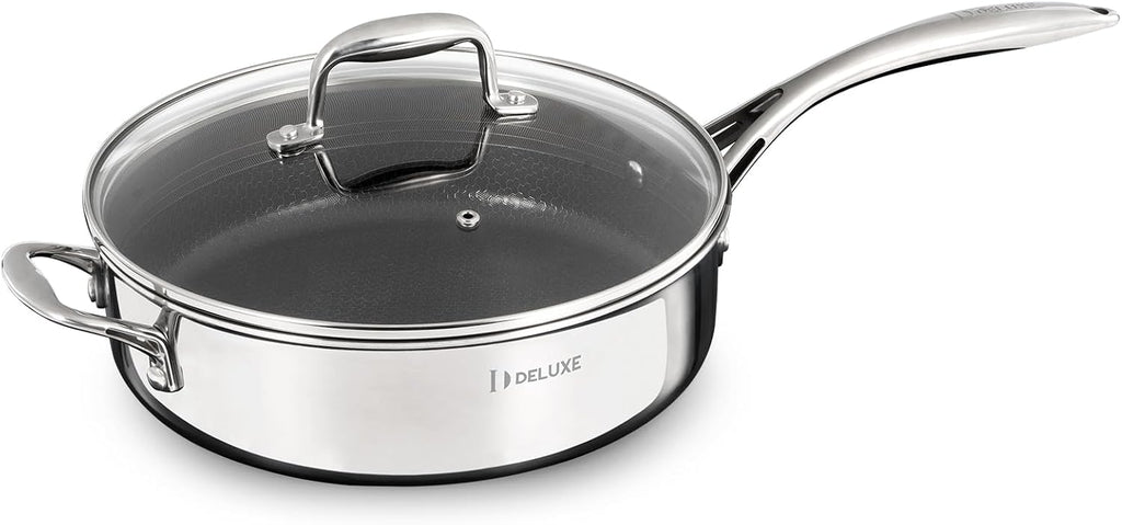 DELUXE Hybrid Ceramic Nonstick 3.7 Qt Deep Sauté Pan with Lid, Stainless Steel Skillet with Stay-Cool Handles, Dishwasher and Oven-Safe, PFOA Free Deep Frying Pan, Compatible with All Cooktops