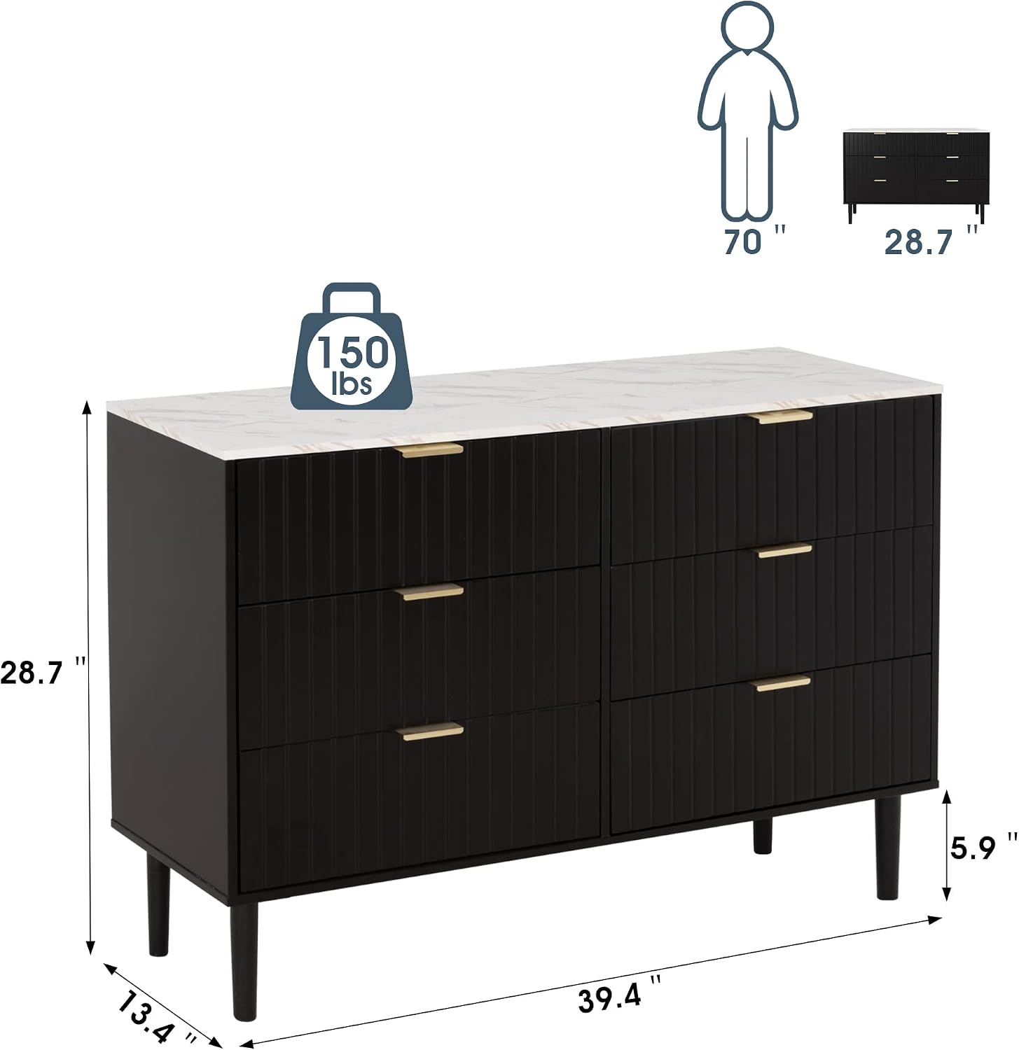 Anbuy Dresser and Nightstand Sets - 3 Pieces Bedroom Set with 6 Drawer Dresser and 2 Drawer Night Stands, Modern Dresser & Chests of Drawers Bedside Table with Gold Handle & Faux Marble Top