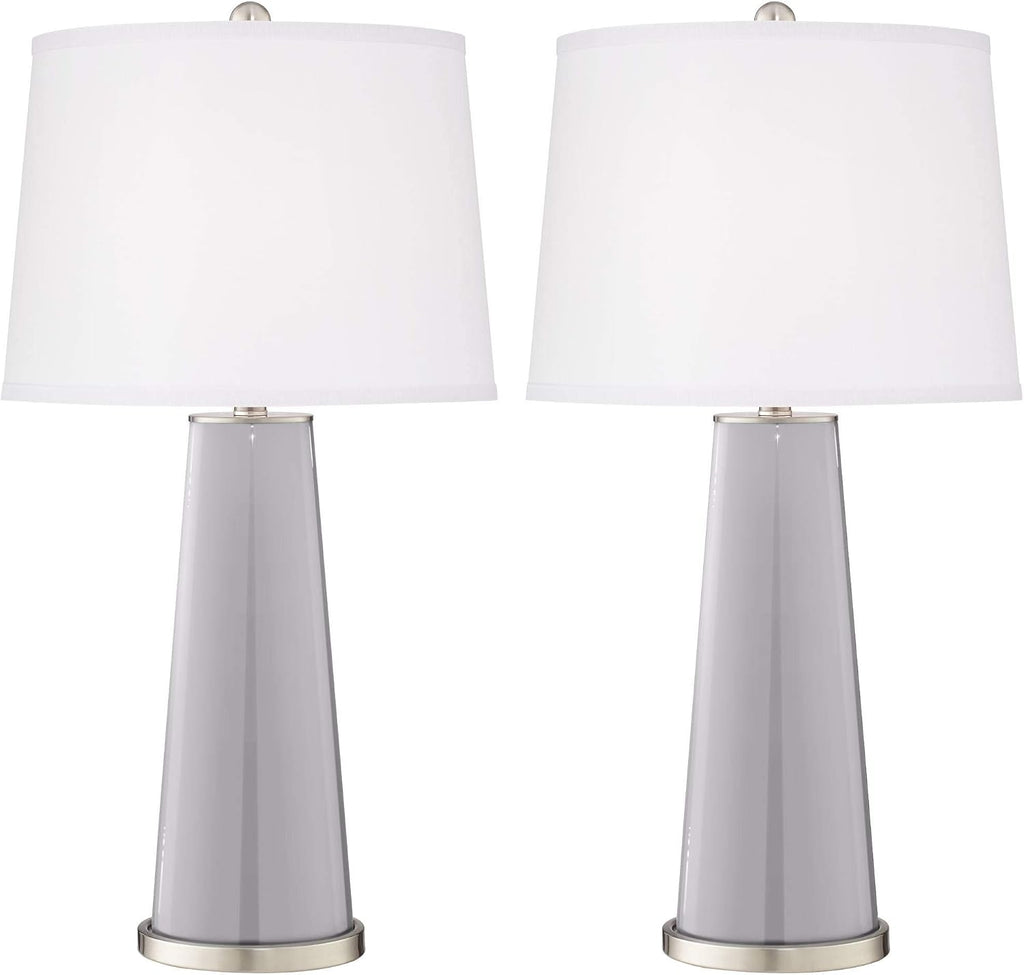 Color + Plus Leo Modern Table Lamps 29 1/2' Tall Set of 2 Swanky Gray Glass Tapered Column Plain White Drum Shade Decor for Bedroom Living Room House Home Bedside Nightstand Office Family