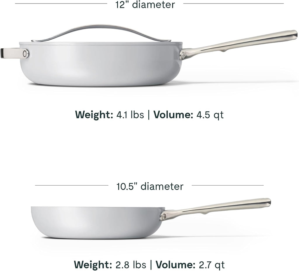 Caraway Fry Pan and Sauté Pan Duo - 10.5' Ceramic Frying Pan and 11.8' Deep Sauté Pan with Lid - Non Stick, Non Toxic, Oven Safe - Gray