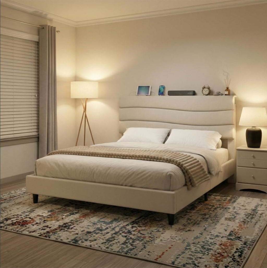 EnHomee Queen Bed Frame with Adjustable Height Upholstered Headboard, 3 USB Charging Ports, Noise-Free Platform Bed, No Box Spring Needed, Beige