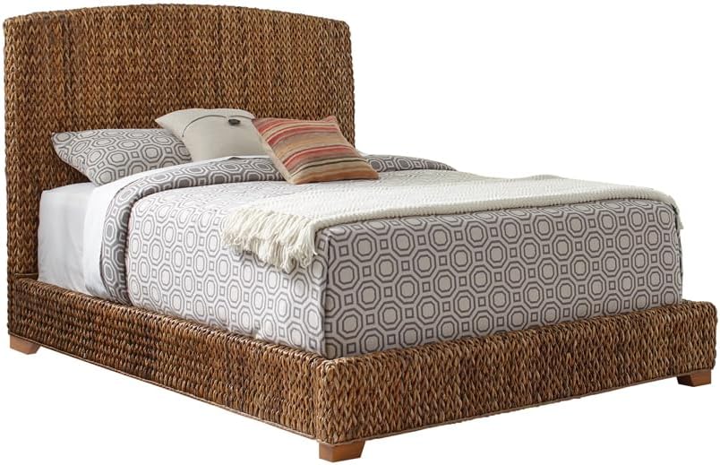 Coaster Home Furnishings Laughton Coastal Hand Woven Banana Leaf Bed Frame Eastern King Size Upholstered Panel Bed Amber Brown 300501KE