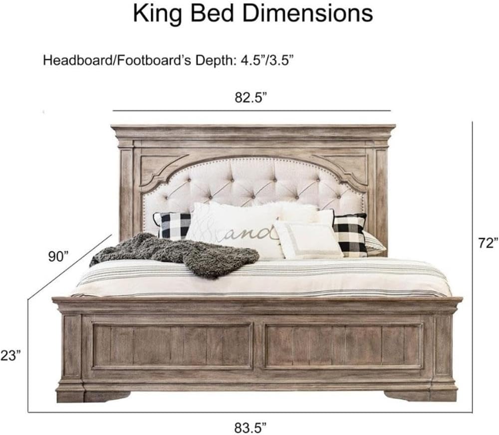 Steve Silver Company Highland Park 83.5' x 90' Farmhouse Wood & Fabric Upholstered Panel King Bed with Button Tufted Headboard, Low Vertical Planked Inset Footboard, in Driftwood Gray Finish