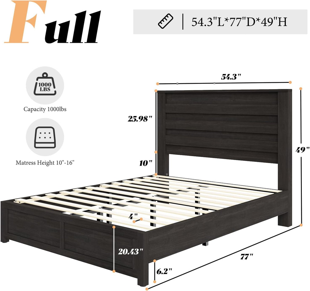 AMERLIFE Farmhouse Full Size Bed Frame with 49' Fluted Headboard, Wood Platform Bed with Natural Grain, No Box Spring Needed/Noise Free, Black