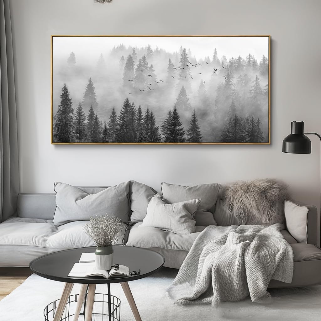 vgrozirh Framed Ready to Hang Wall Art Foggy Forest Black and White Wall Art Nature Landscape Mountain Photographic Printed on Canvas for Bedroom Living Room Office Home Decor 24'x48'