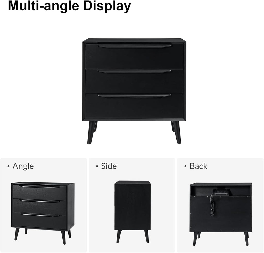 HULALA HOME Mid-Century Modern Nightstand, 3-Drawers Nightstand with Charging Station(Black)