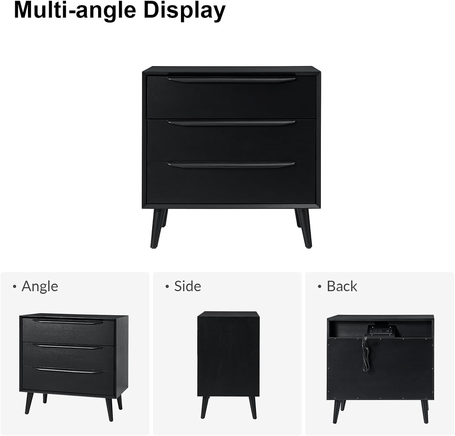 HULALA HOME Mid-Century Modern Nightstand, 3-Drawers Nightstand with Charging Station(Black)