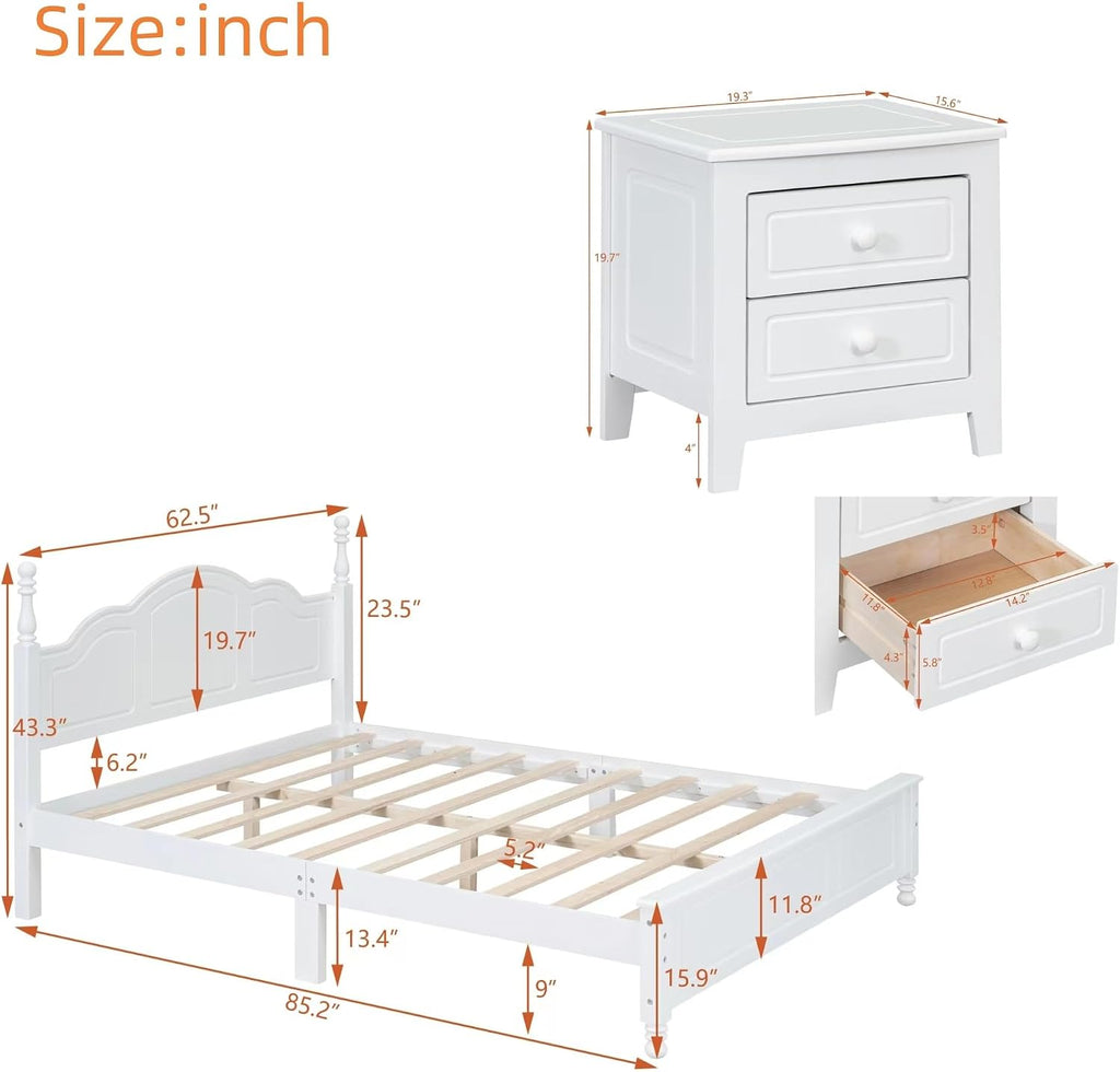 Harper & Bright Designs Bedroom Set Furniture, 3-Pieces Bedroom Sets, Queen Size Wood Platform Bed and 2 Nightstands, White