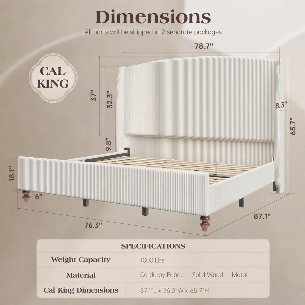 65.7' Tall Headboard California King Size Upholstered Bed Frame with Wingback, Soft Washable Corduroy Beds Cover, Solid Wood Legs, Noise-Free, No Box Spring Needed, Cream