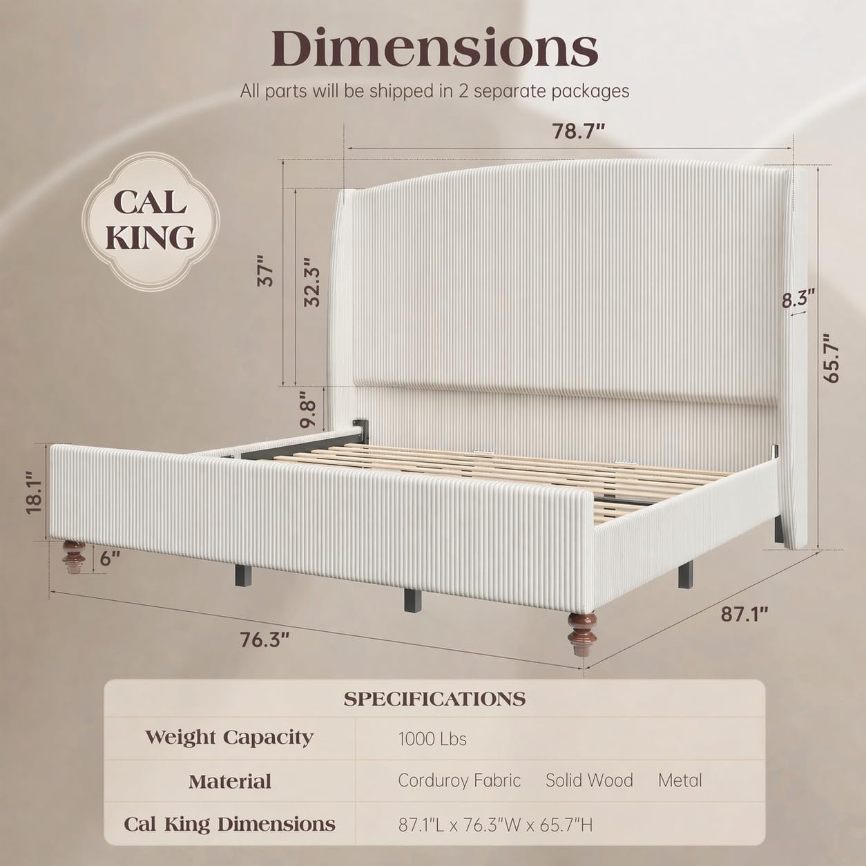 65.7' Tall Headboard California King Size Upholstered Bed Frame with Wingback, Soft Washable Corduroy Beds Cover, Solid Wood Legs, Noise-Free, No Box Spring Needed, Cream