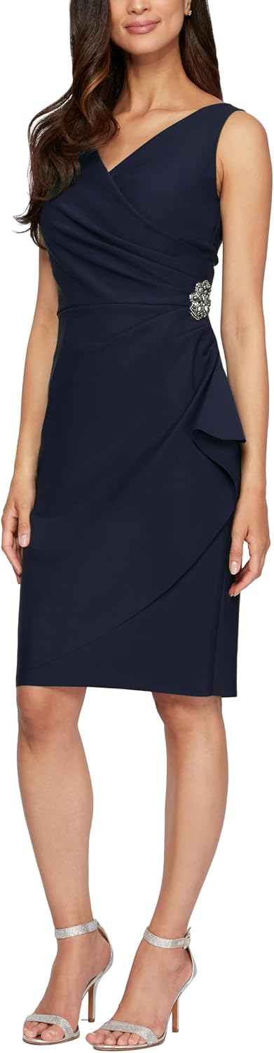 Alex Evenings Women's Slimming Short Ruched Dress with Ruffle (Petite and Regular)