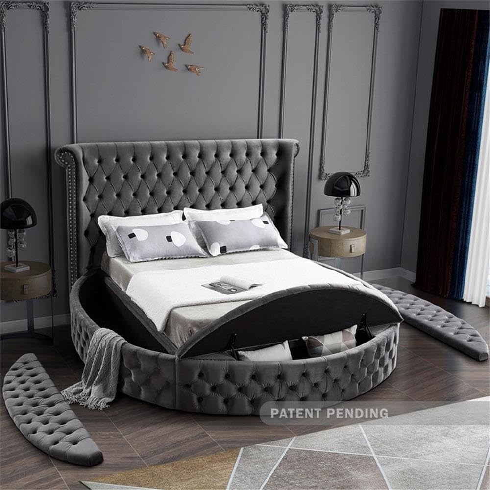 Meridian Furniture Luxus Collection Modern Contemporary Round Shaped Velvet Upholstered Bed with Deep Button Tufting and Footboard Storage, King, Grey