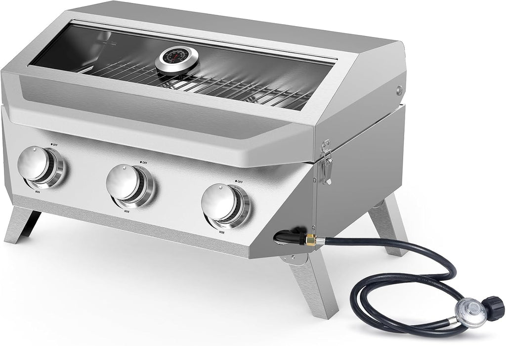 BESTFIRE 3-Burner Tabletop Gas Grill with Viewing Glass, 30,000 BTU Stainless Steel Portable Propane BBQ Grill with Thermometer, Professional Outdoor Cooking for Patio, Camping, RV and Tailgating