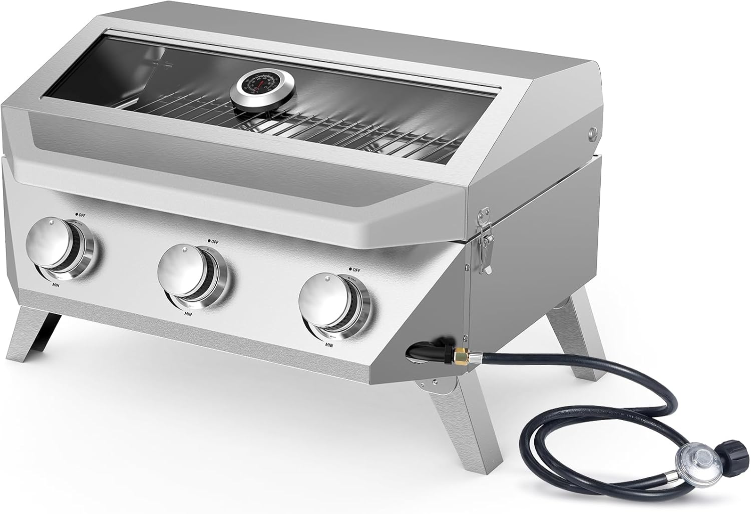 BESTFIRE 3-Burner Tabletop Gas Grill with Viewing Glass, 30,000 BTU Stainless Steel Portable Propane BBQ Grill with Thermometer, Professional Outdoor Cooking for Patio, Camping, RV and Tailgating
