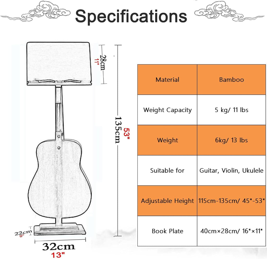 Wood Sheet Music Holder with Guitar Display Stand - Professional Orchestral/Violin Instrument Book Rack, Height Adjustable 45'-53'
