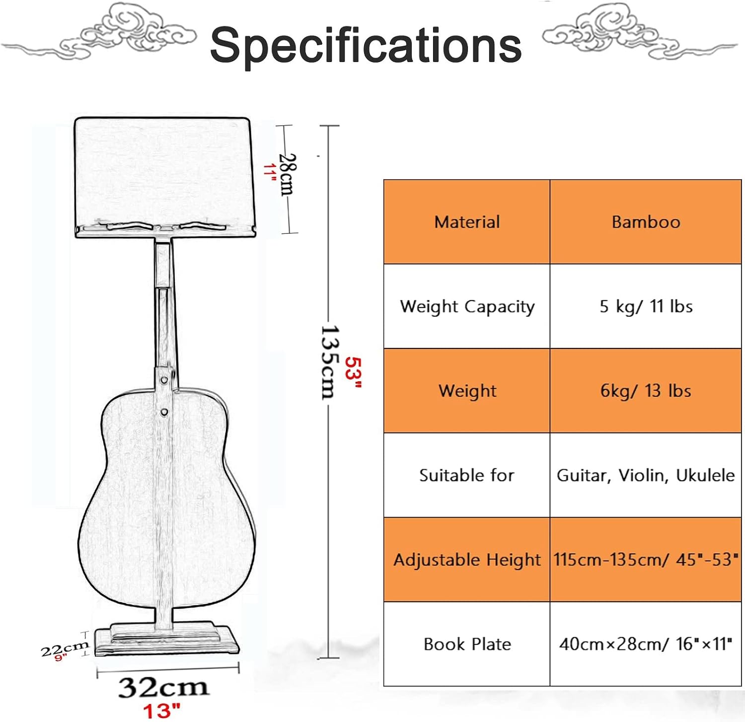 Wood Sheet Music Holder with Guitar Display Stand - Professional Orchestral/Violin Instrument Book Rack, Height Adjustable 45'-53'