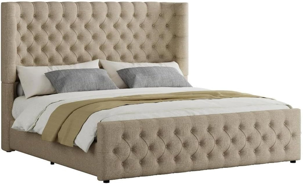 Jocisland King Size Platform Bed Frame, 6.3' Thick Upholstered Curved Wingback Headboard and Footboard with Deep Button Tufted, Easy Assembly, No Box Spring Needed, Khaki Linen