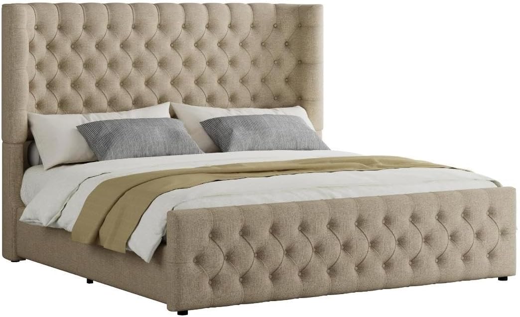 Jocisland King Size Platform Bed Frame, 6.3' Thick Upholstered Curved Wingback Headboard and Footboard with Deep Button Tufted, Easy Assembly, No Box Spring Needed, Khaki Linen