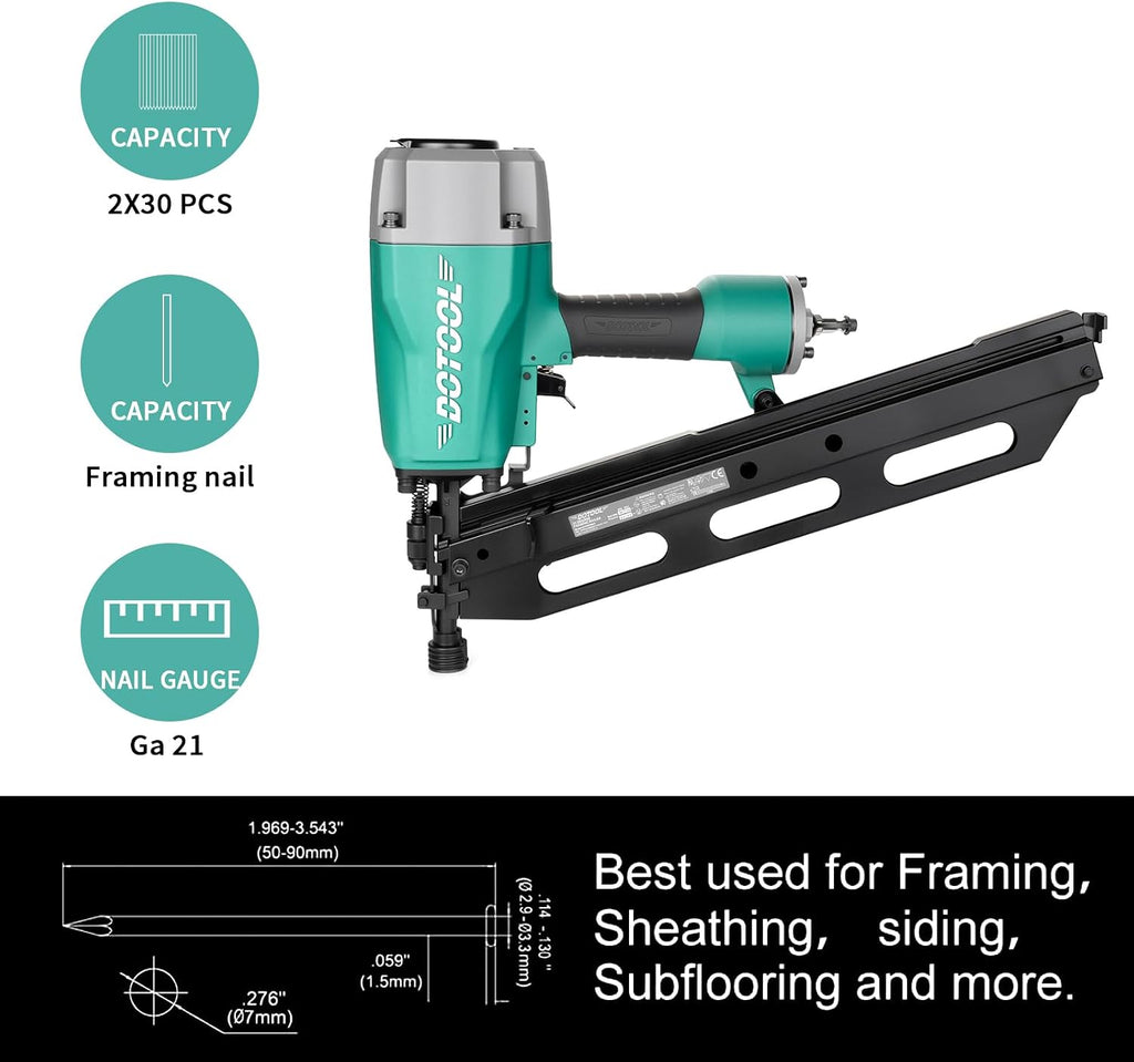 DOTOOL Framing Nailer, Framing Tool for 21 Degree 2-Inch to 3-1/2-Inch Plastic Collated Nails,Professional Pneumatic Nailer for Flooring, Roof Decking
