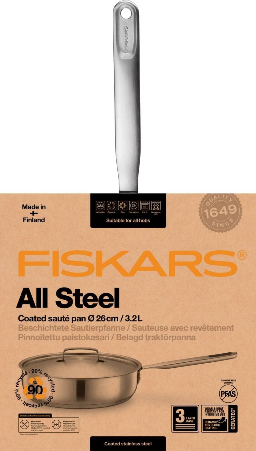 Fiskars sauté pan with lid, Ø 26 cm / 3.2 L, Coated pan, Suitable for All hobs, Recycled Stainless Steel, All Steel, Silver, 1064746