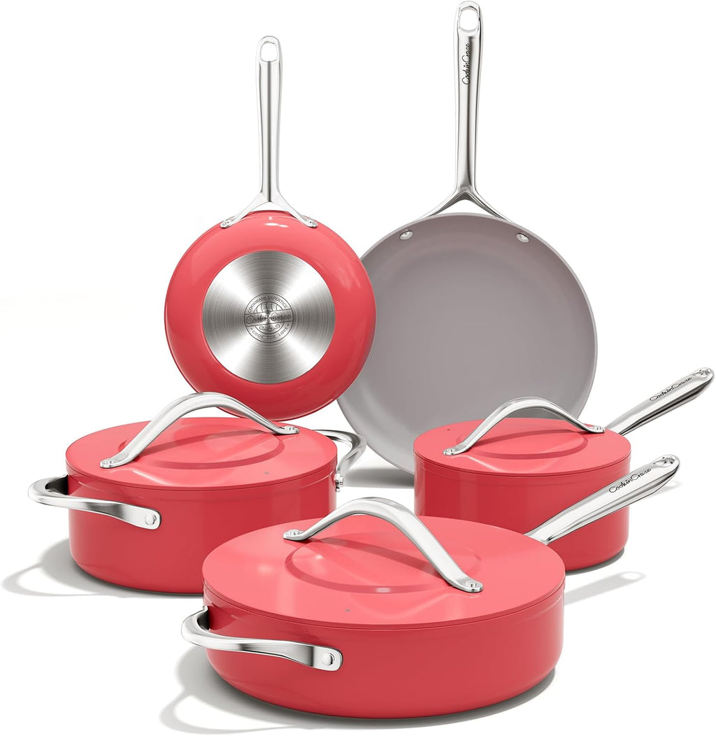 CookinCraze Ceramic Cookware Set, Pots and Pans Set Nonstick with Lid PFAS & PFOA Free, Induction Compatible Oven Safe Up to 500°F Even Heat Distribution, Fusion Red