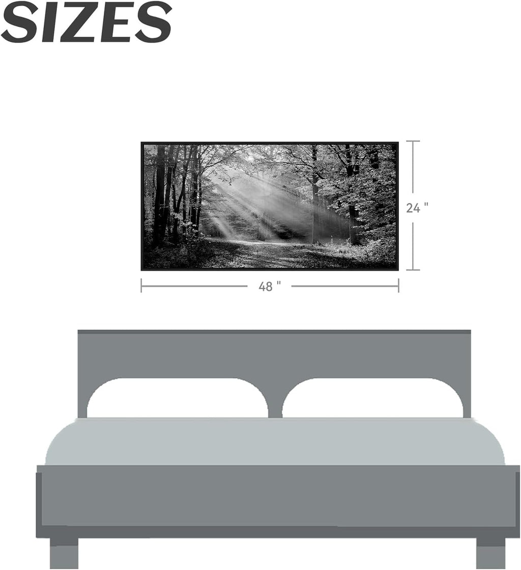 Landscape Canvas Framed Wall Art - Black White Sunset Forest Picture Woodland Painting Nature Tree Scenery Artwork Prints for Bedroom Living Room