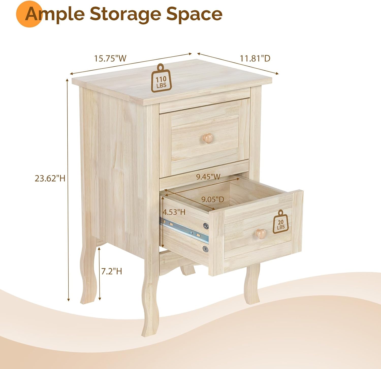 VINGLI Nightstands Set of 2, Unfinished Solid Wood Nightstand Color DIY, Small Nightstand for Bedroom, Natural Wood Night Stand with Drawers, Light Wood Night Stands, Real Wooden Bedside Table